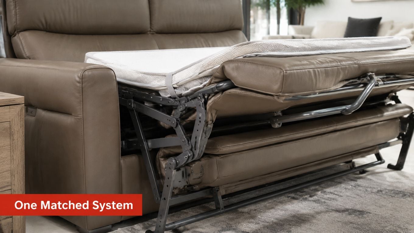 A close-up view of a modern brown leather sleeper loveseat with its pull-out bed mechanism partially extended.