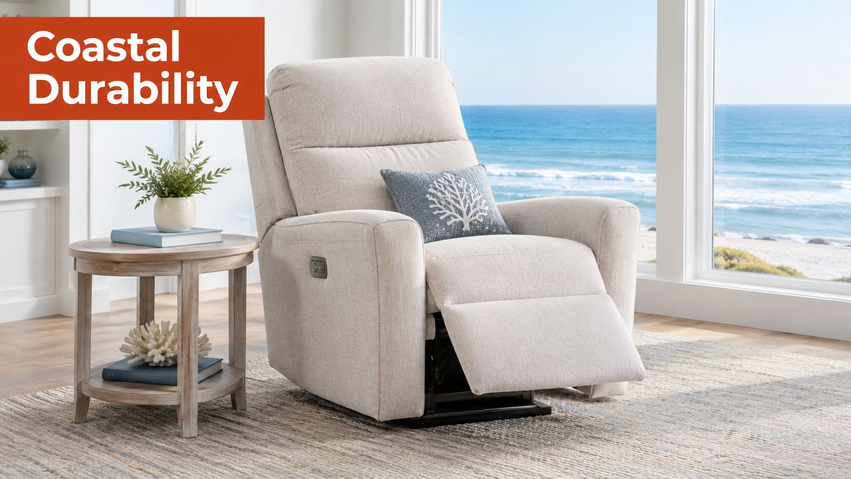 A comfortable light-colored power lift recliner chair positioned in a bright living room near a beach view.