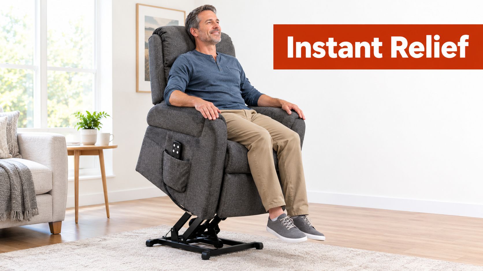 A man smiling while sitting in a grey power lift recliner chair in a bright living room.