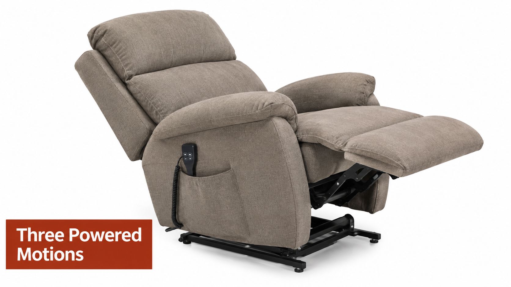 A brown fabric power lift recliner chair in a reclined position with a remote control.