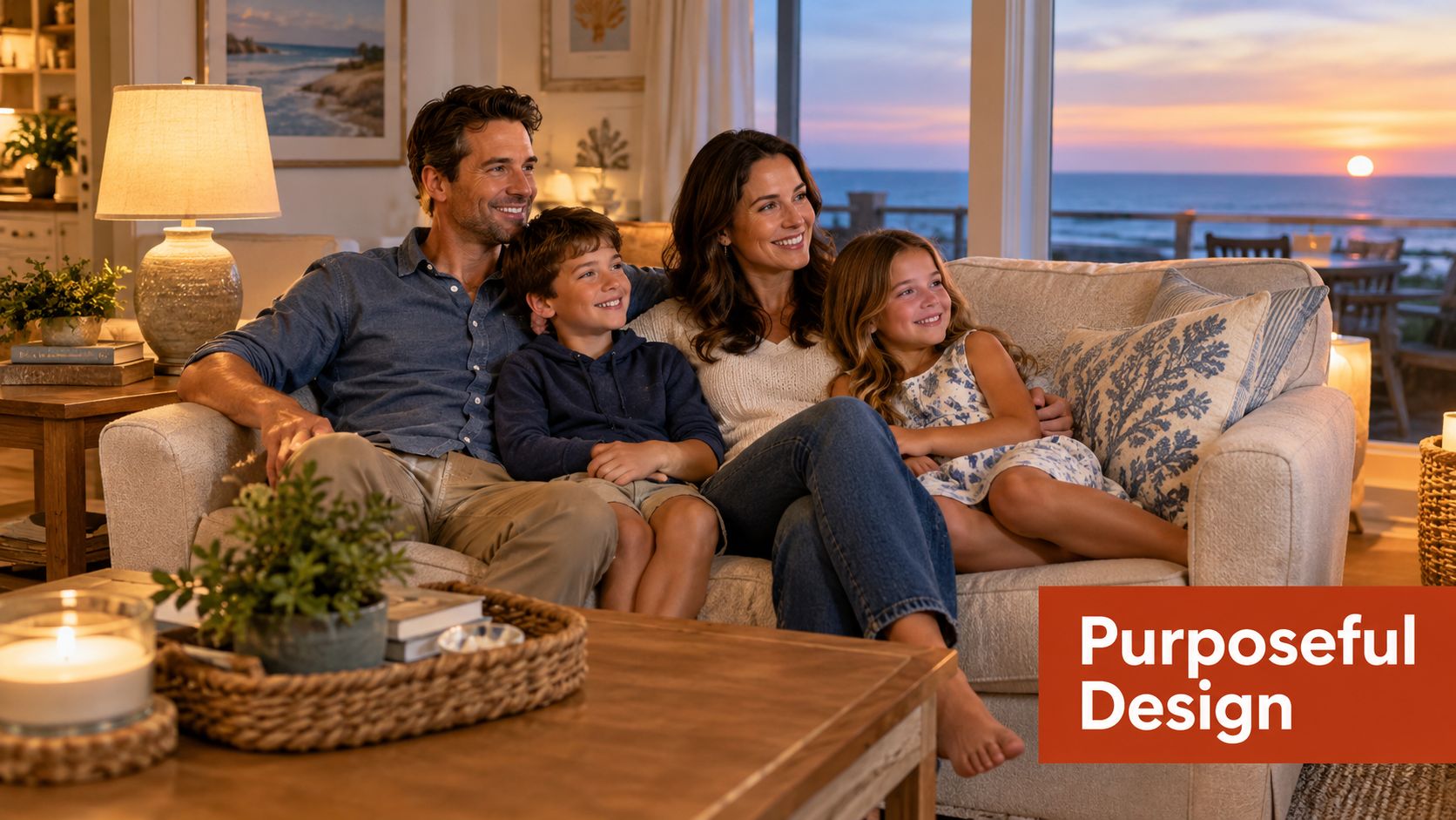 A happy family of four sitting on a comfortable loveseat while watching the sunset together indoors.