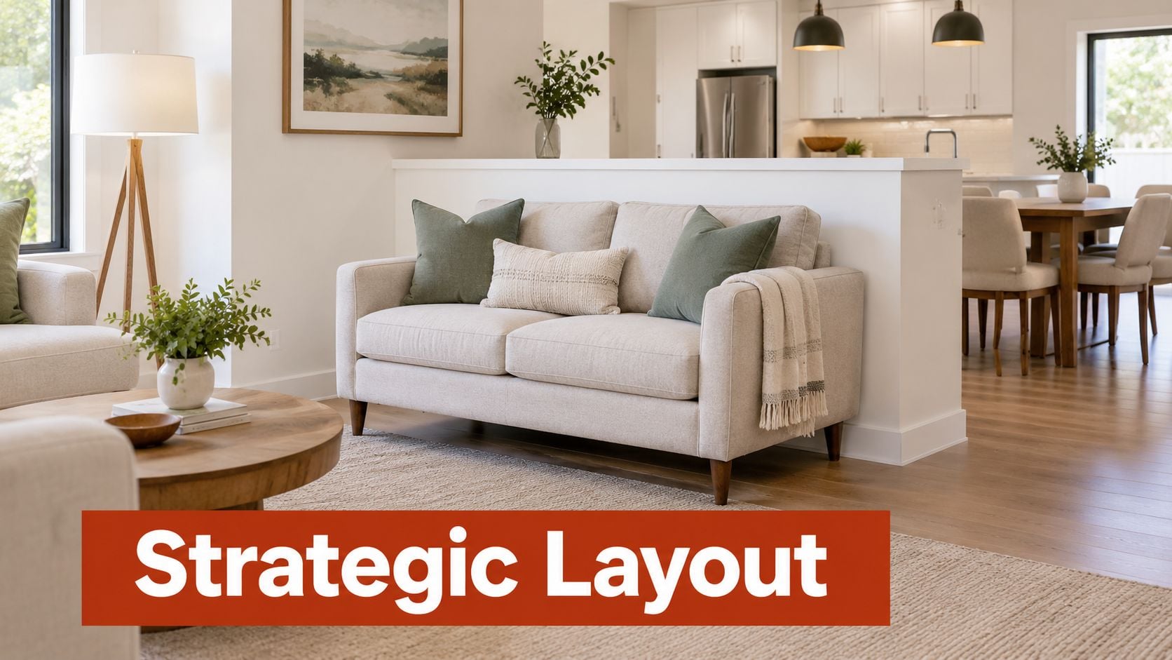 A cozy living room featuring a neutral-colored loveseat placed against a half-wall dividing the kitchen area.