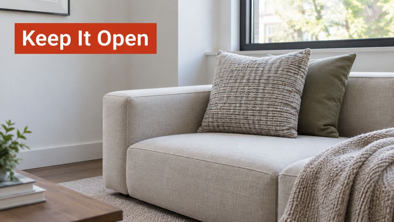A modern beige modular sectional sofa with decorative pillows in a bright, minimalist living room setting.