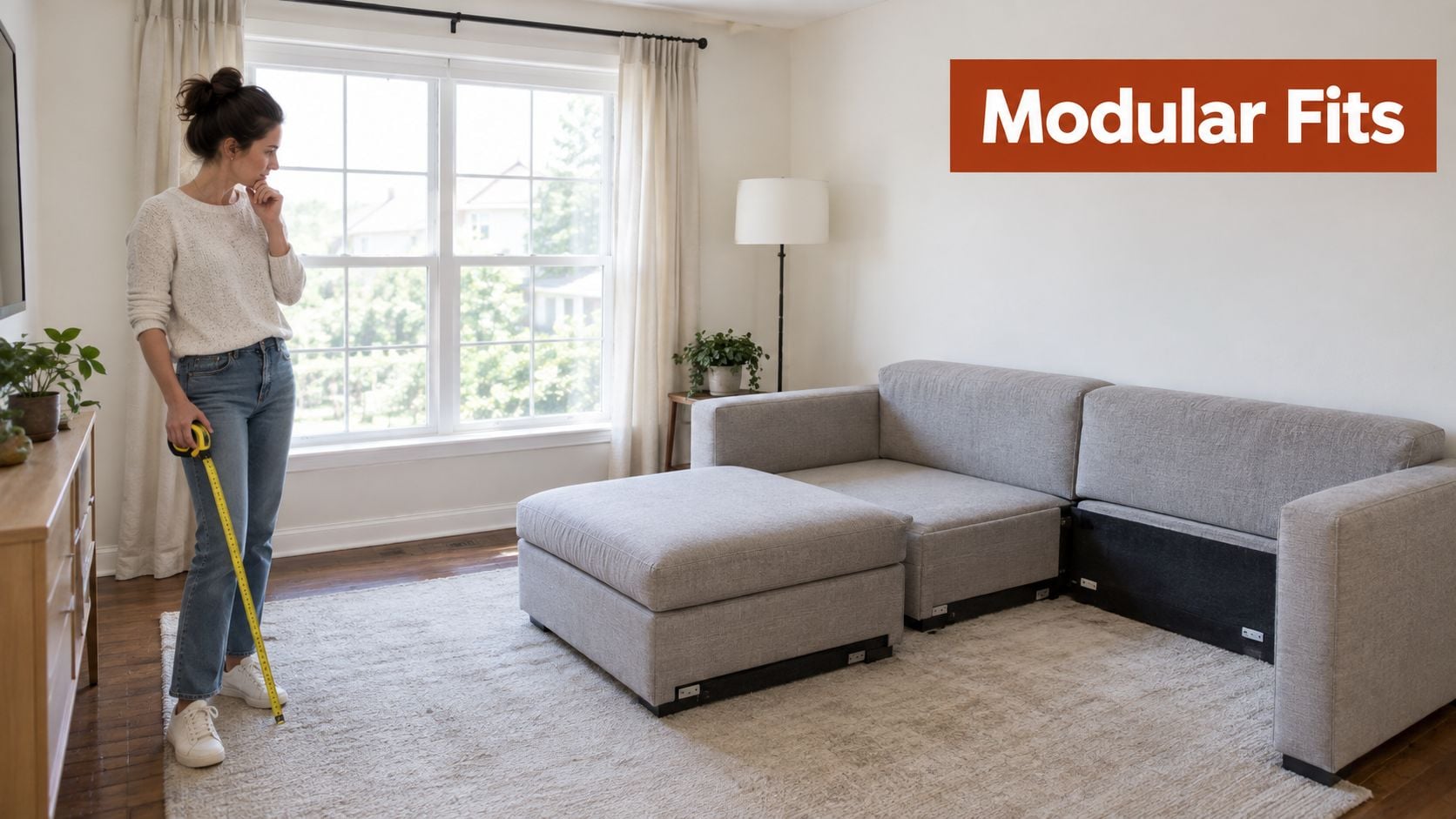 A woman holding a measuring tape stands in a living room near a grey modular sofa.