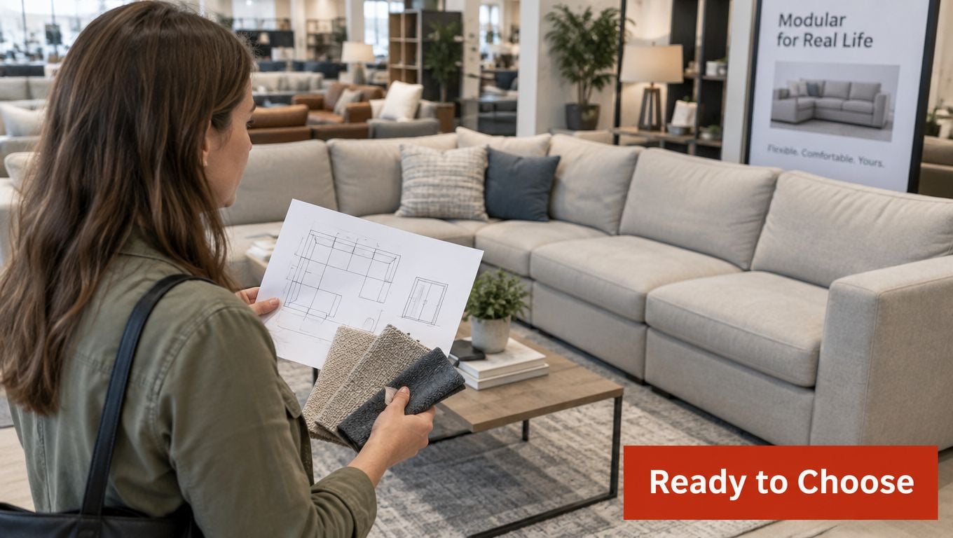 A woman holds fabric swatches and a floor plan while shopping for a sectional sofa in a showroom.