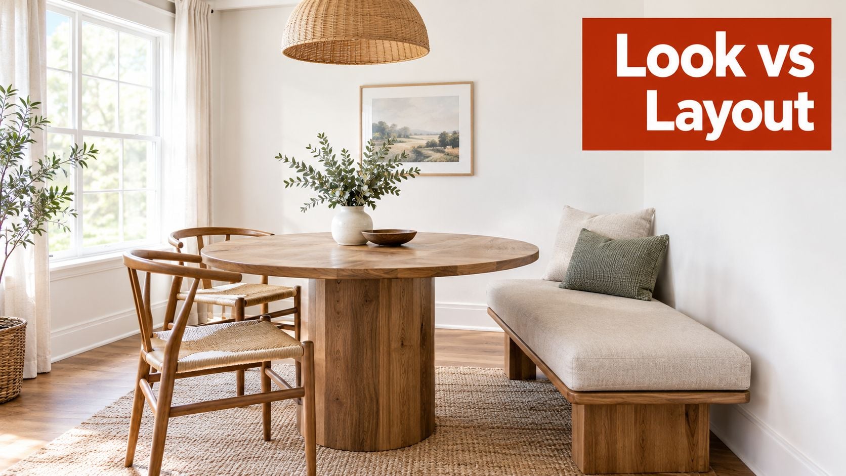 A round wooden dining table paired with a bench and chairs in a bright, modern dining room.