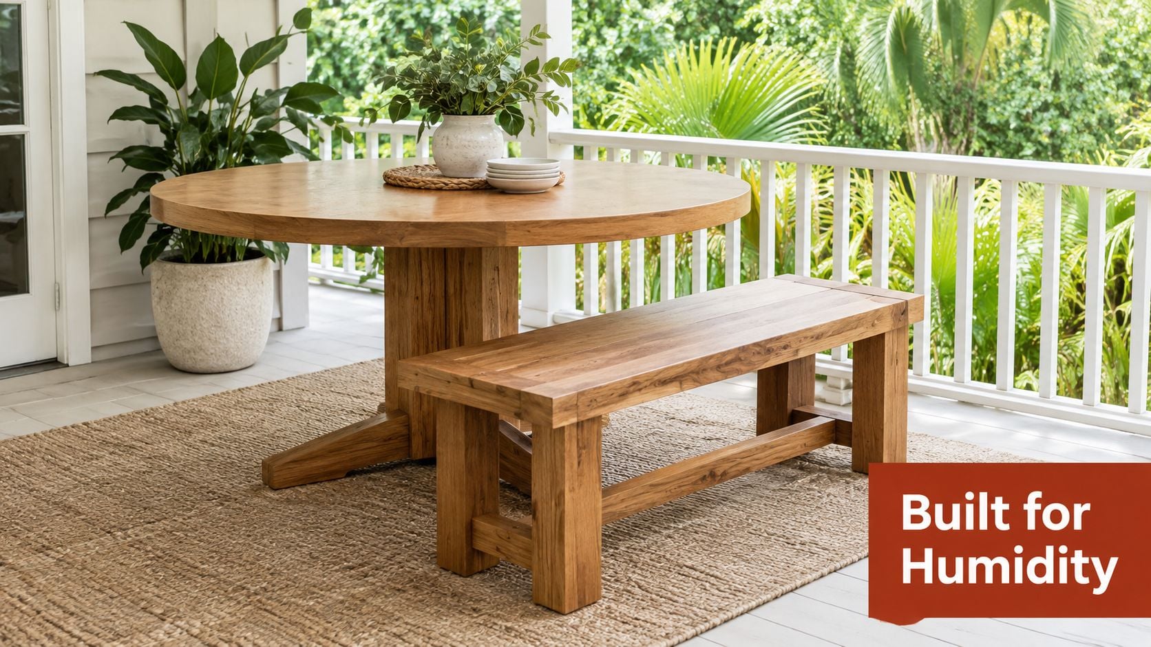 A rustic round wooden dining table paired with a bench on a porch, featuring an outdoor rug.