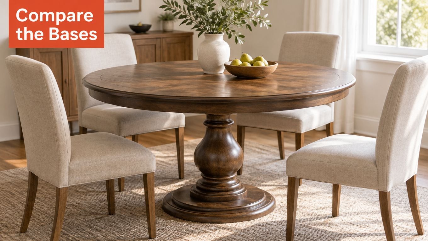 A round wooden pedestal dining table surrounded by four upholstered chairs set on a textured area rug.