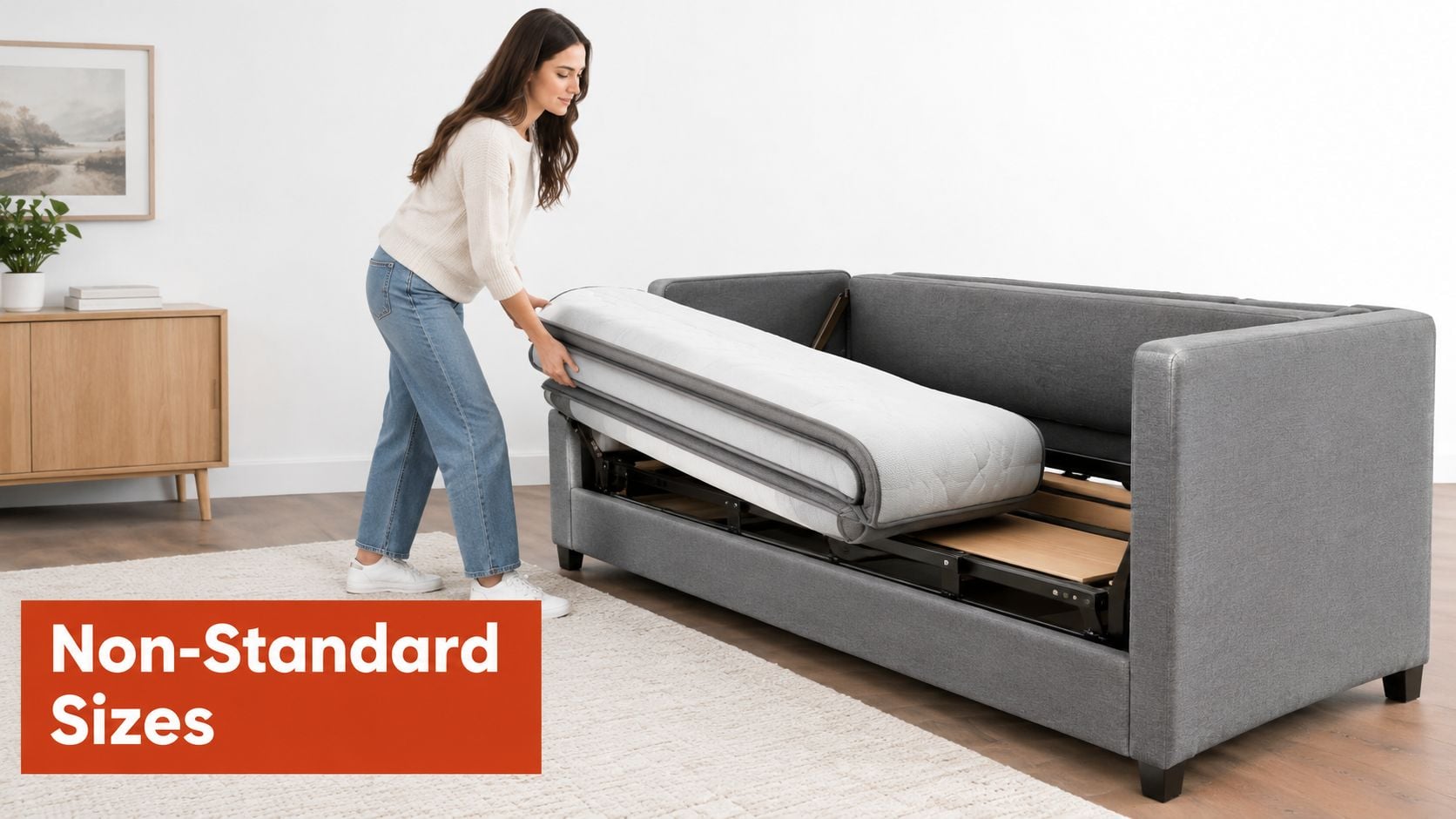 A woman folding a gray sleeper sofa mattress that is in a non-standard size configuration.