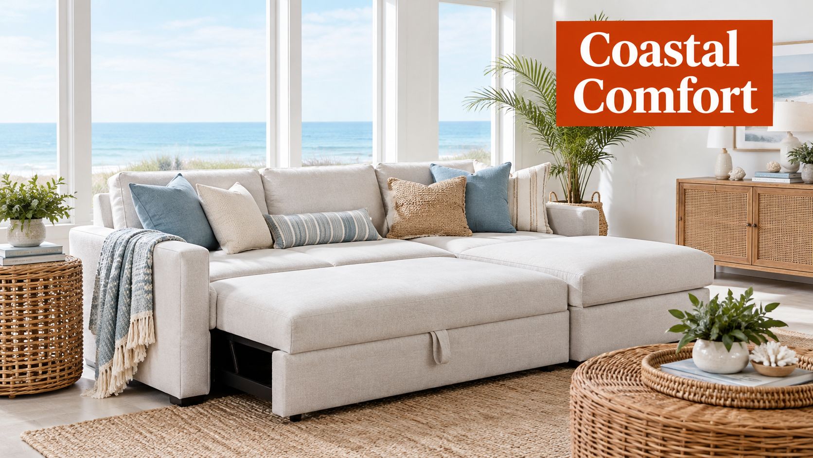 A light beige sleeper sofa sectional with cushions in a bright coastal living room by the sea.
