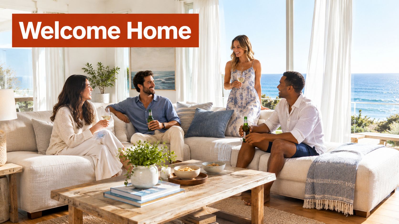 Four friends laughing and relaxing on a beige sleeper sofa sectional overlooking a scenic coastal ocean view.