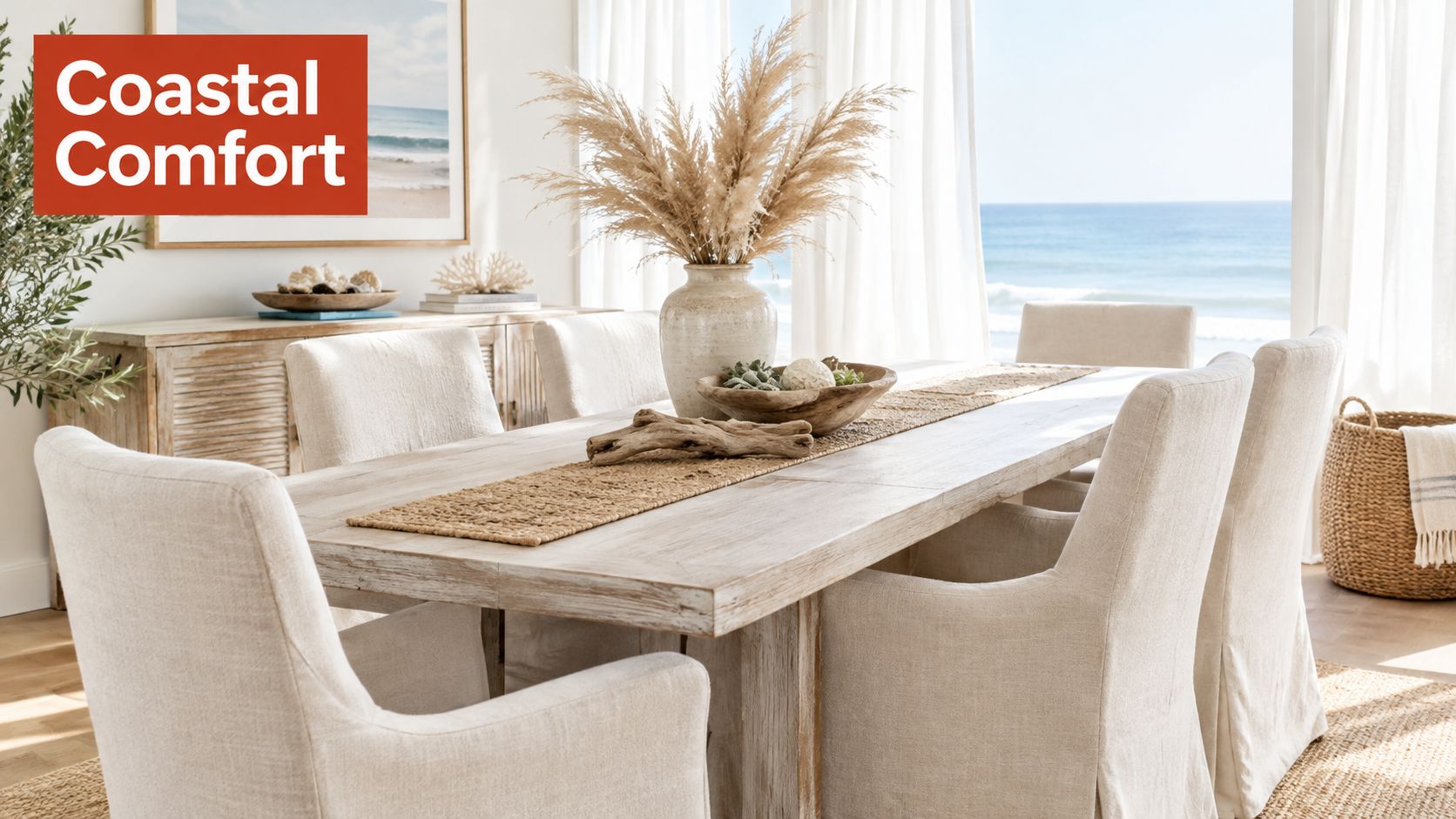 A coastal-inspired dining room featuring slipcover dining chairs with arms around a light wood table