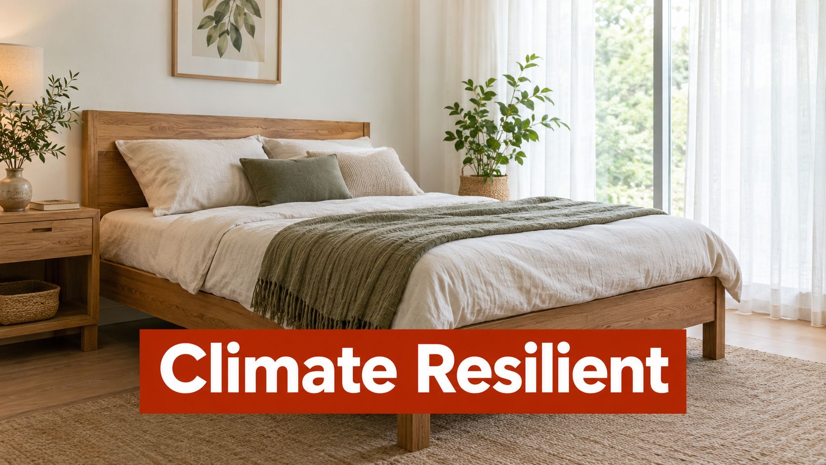 A natural solid wood king size bed in a bright, modern minimalist bedroom with neutral decor.