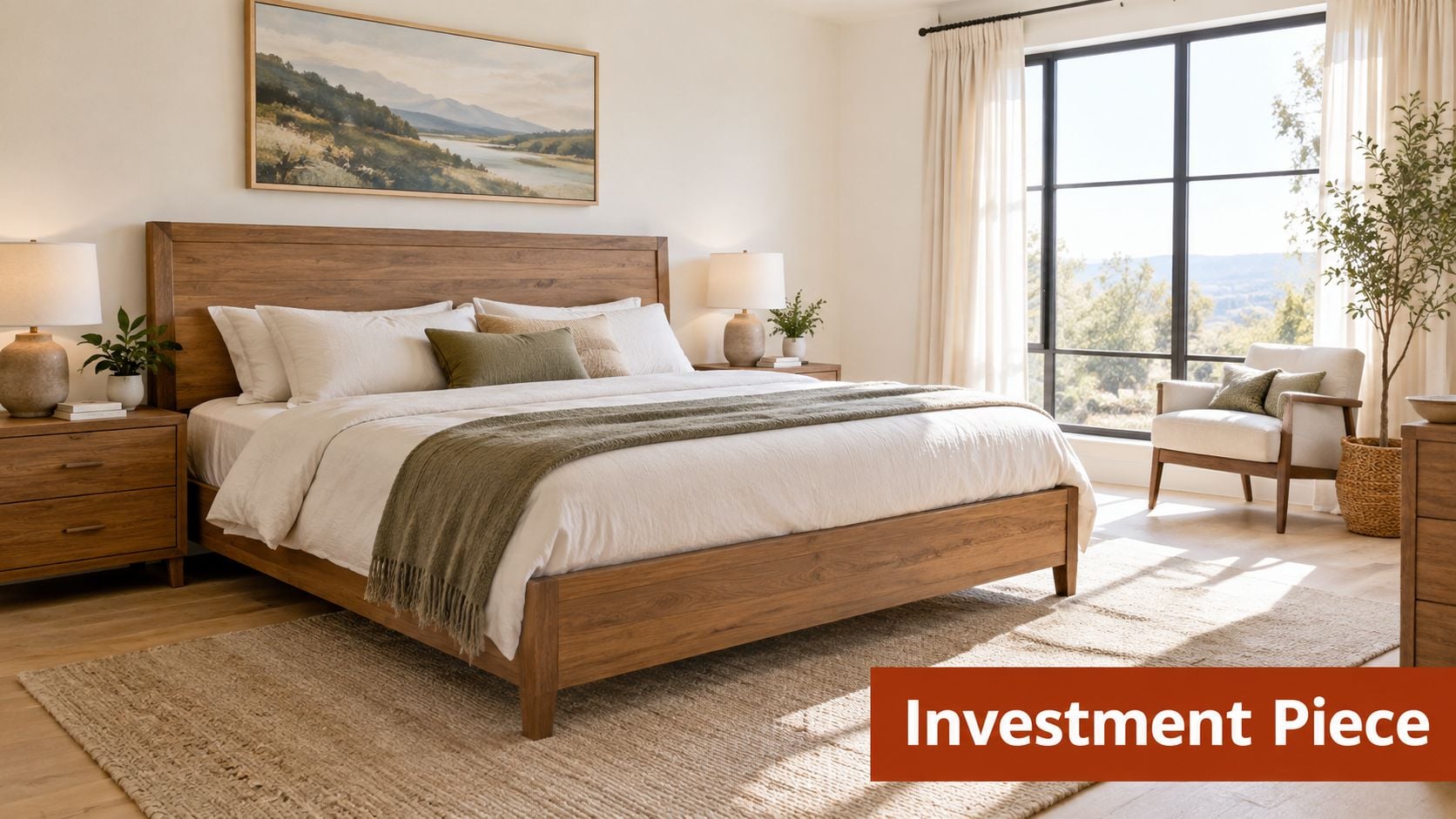 A luxurious king-size solid wood bed in a modern, serene bedroom with natural light and neutral decor.