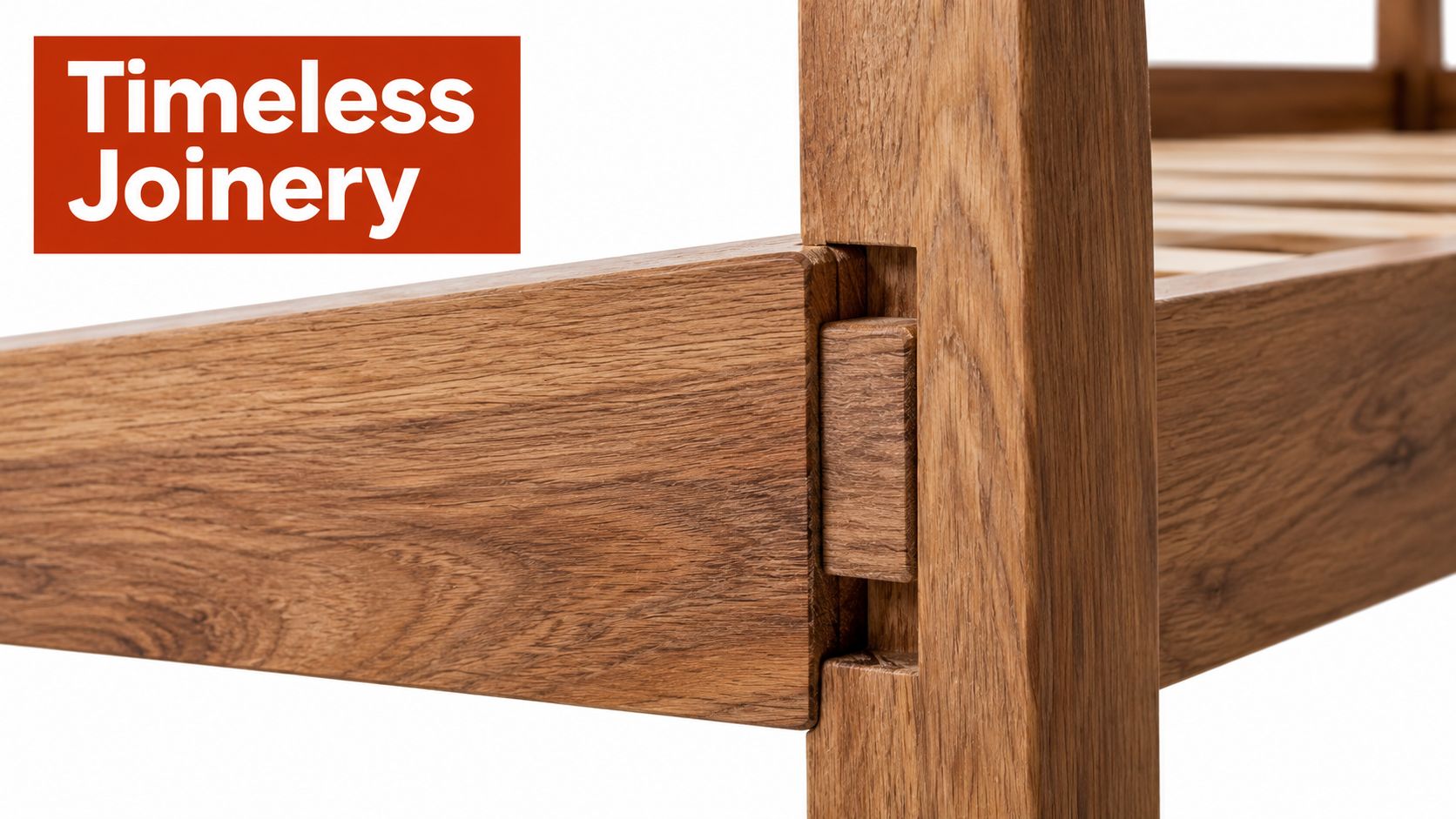 A close-up shot of traditional mortise and tenon joinery on a solid wood bed frame.