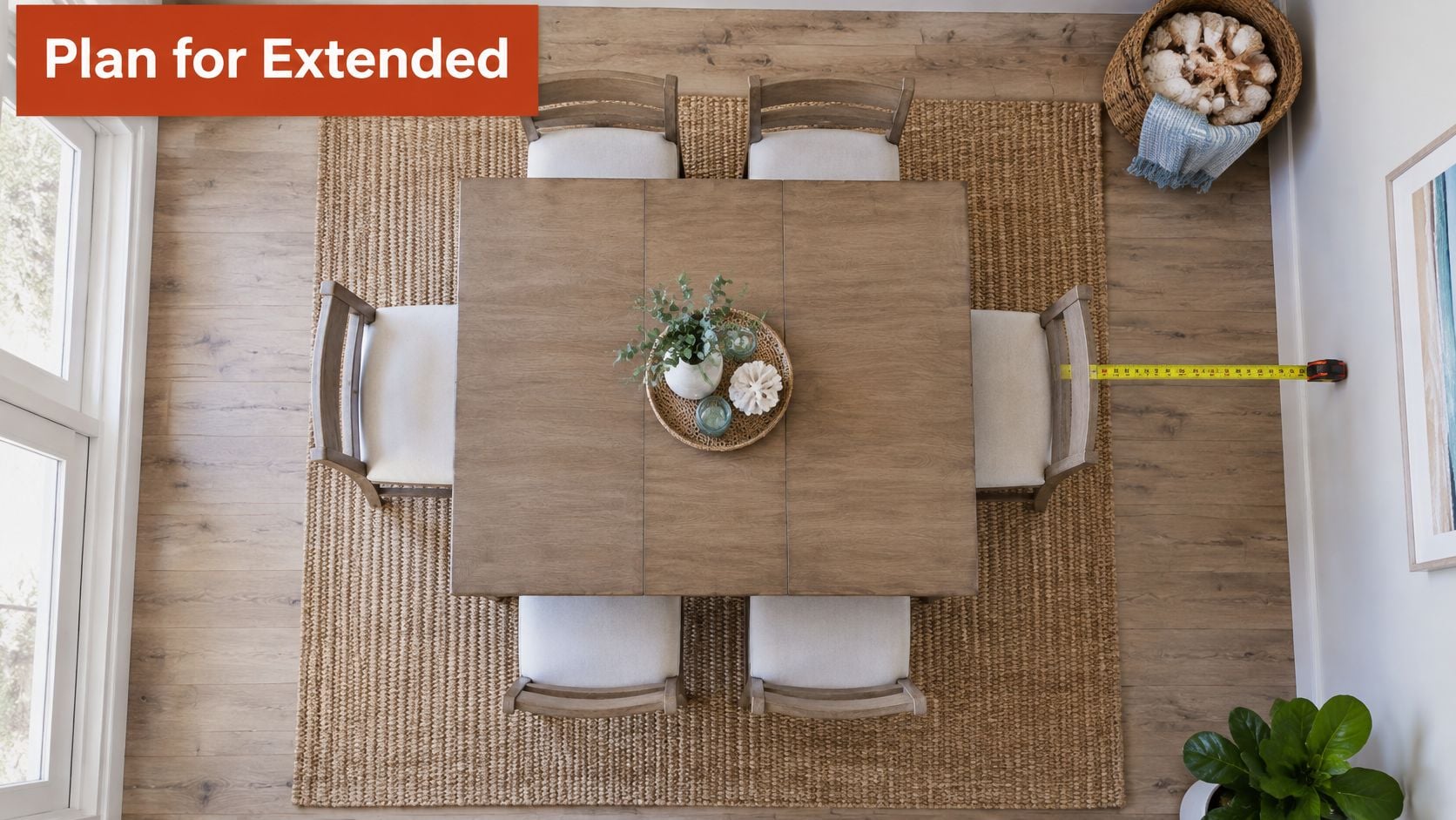 An overhead view of a square wooden dining table extended with a leaf, featuring six surrounding chairs.