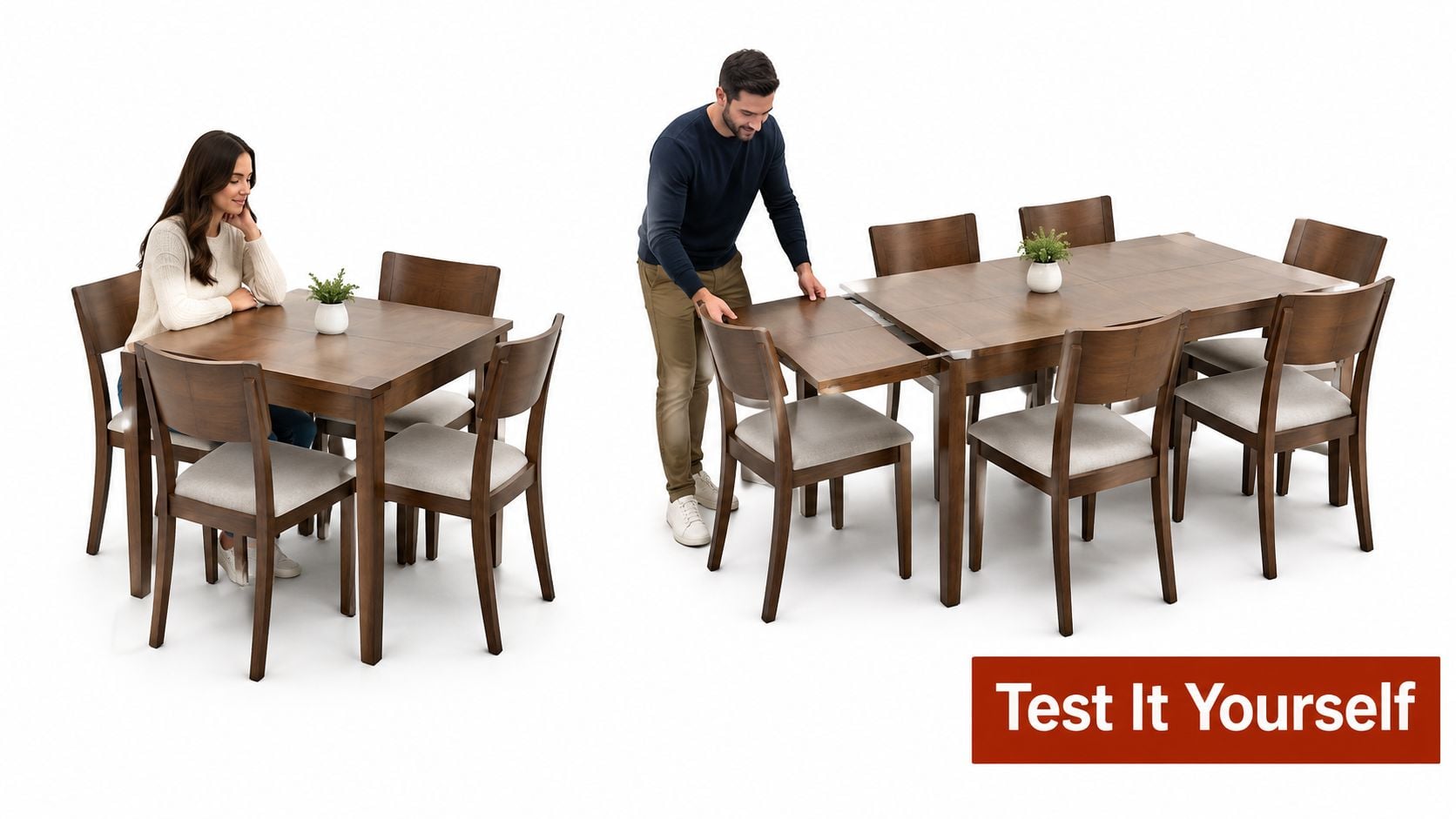 A woman sits at a square wooden dining table, while a man expands the table with a leaf.