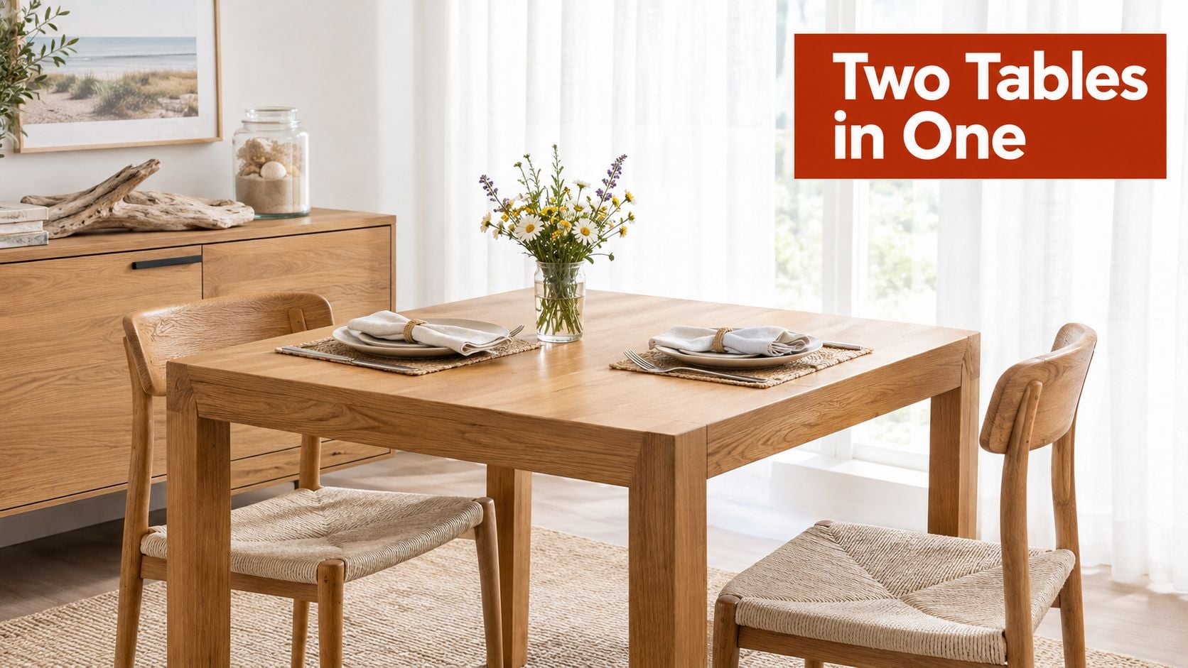 A modern square wooden dining table set for two with woven chairs in a bright, airy room.