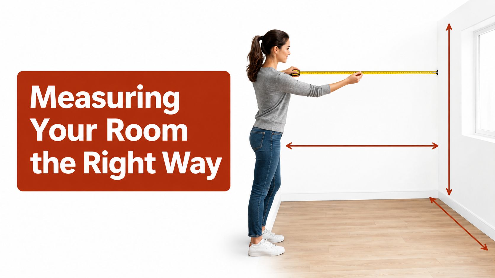A woman using a measuring tape to measure the dimensions of a room near a white wall.