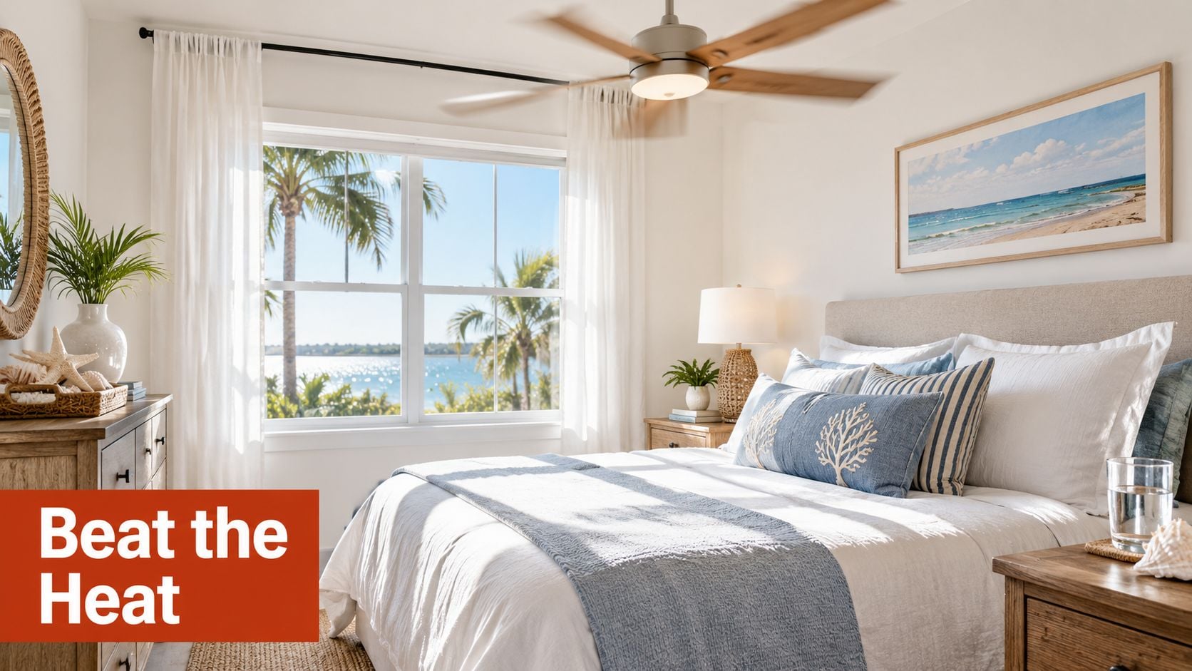 A serene coastal-style bedroom with a bright window view of a tropical beach and palm trees.