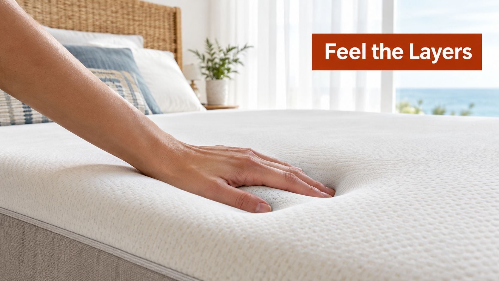 A hand presses down on a white memory foam mattress to demonstrate its softness and support.