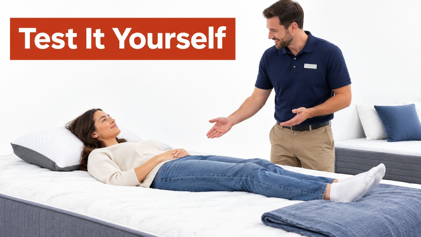 A friendly mattress store sales associate assisting a woman as she tests a comfortable new mattress.