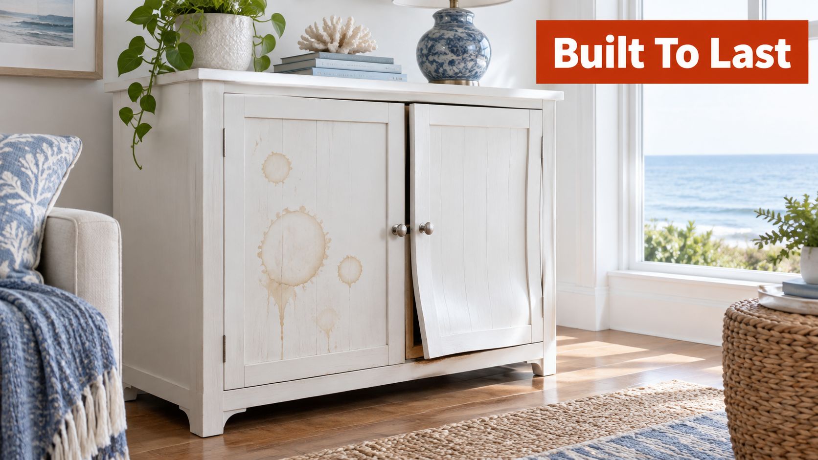 A distressed white accent cabinet featuring water stains on the left door in a coastal living room.