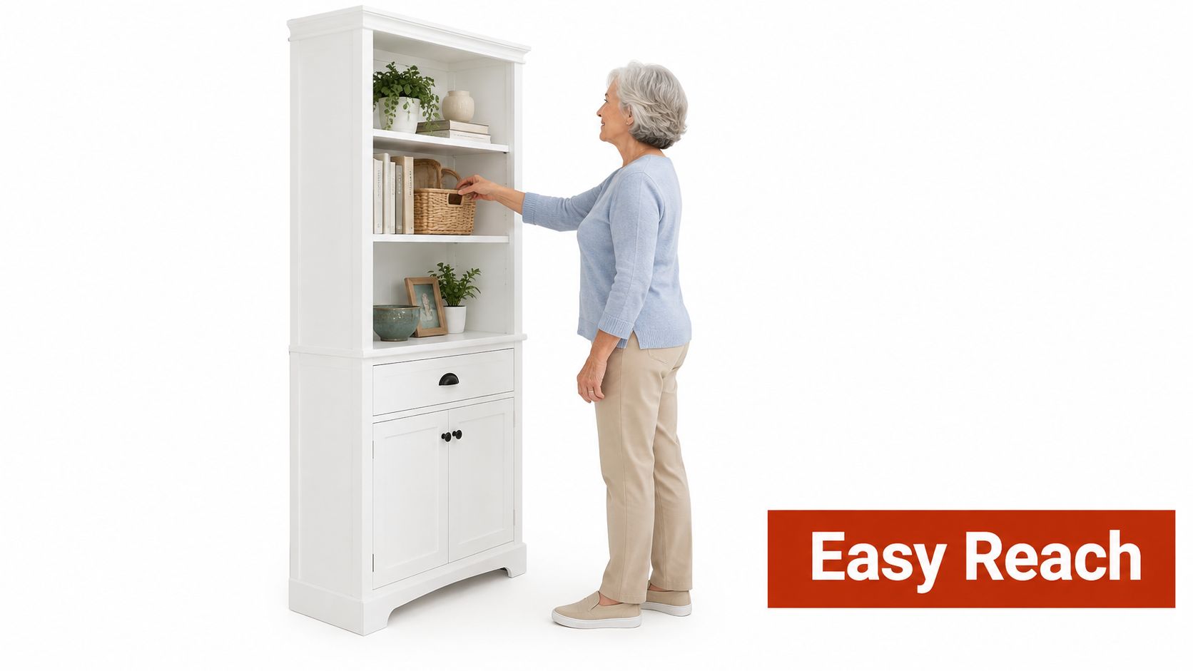 A senior woman reaching for a basket on the shelf of a white accent cabinet display.